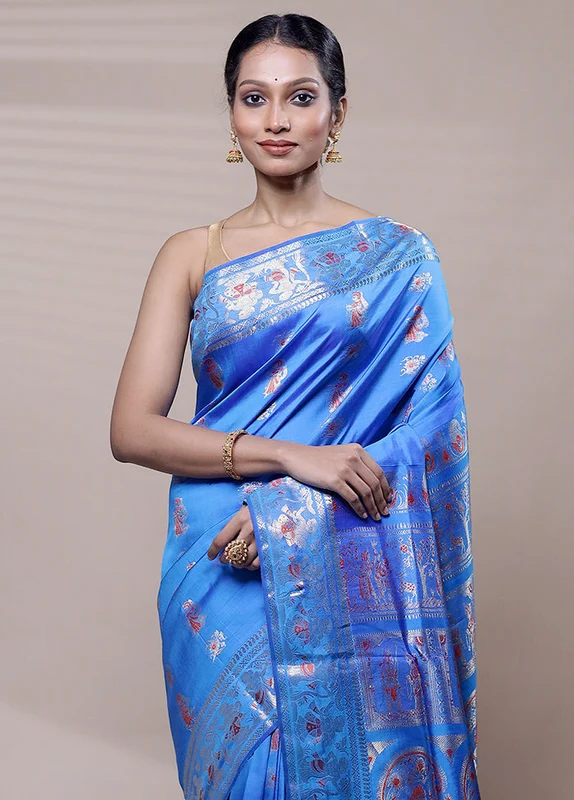 Blue Handloom Swarnachuri Pure Silk Saree With Blouse Piece Onesize