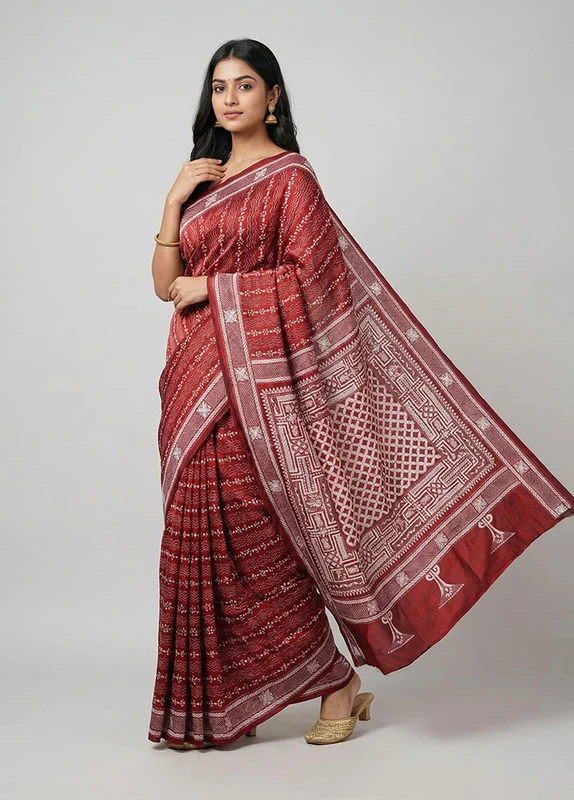 Maroon Handloom Kantha Stitch Pure Silk Saree With Blouse Piece One Size