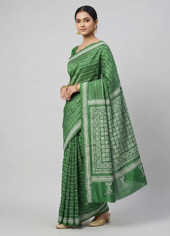 Green Handloom Kantha Stitch Pure Silk Saree With Blouse Piece One Size