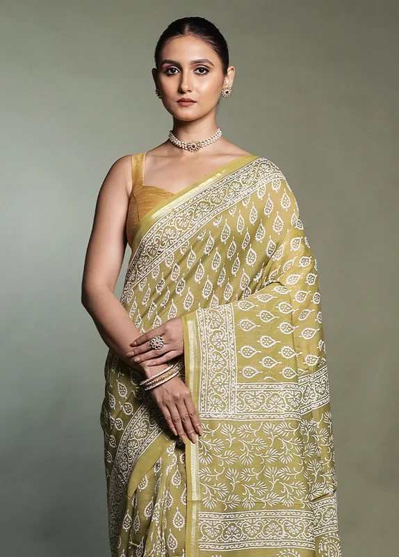 Cream Chanderi Cotton Saree With Blouse Piece Onesize