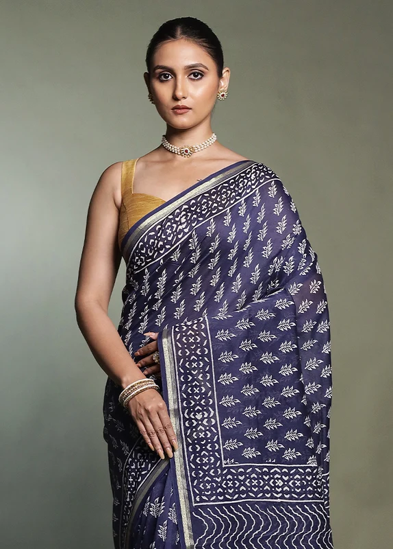 Blue Chanderi Cotton Saree With Blouse Piece Onesize