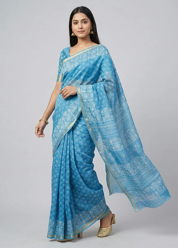 Blue Chanderi Silk Saree With Blouse Piece One Size