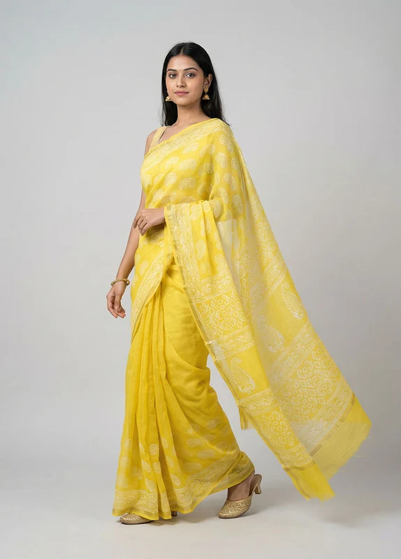 Yellow Chanderi Silk Saree With Blouse Piece One Size
