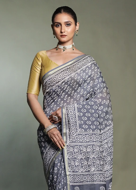 Grey Chanderi Cotton Saree With Blouse Piece Onesize