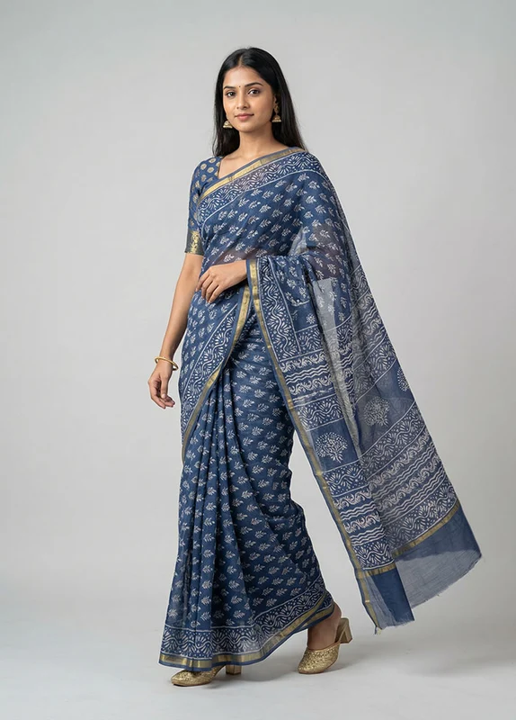 Blue Chanderi Silk Saree With Blouse Piece One Size