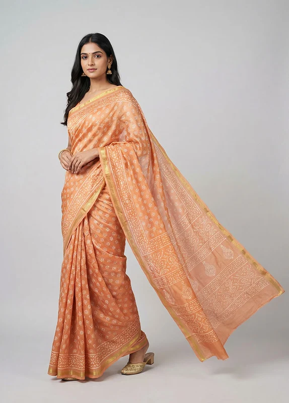 Peach Chanderi Silk Saree With Blouse Piece One Size
