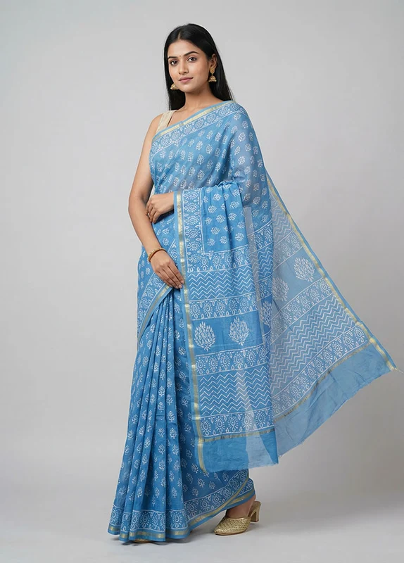 Blue Chanderi Silk Saree With Blouse Piece One Size