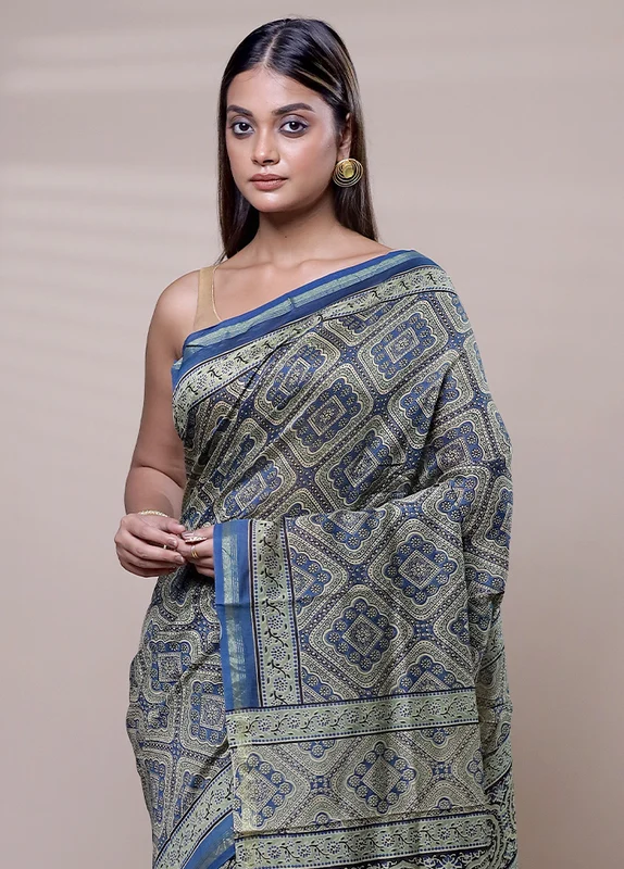Green Chanderi Cotton Saree With Blouse Piece Onesize