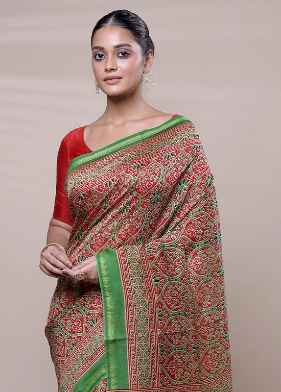 Red Chanderi Cotton Saree With Blouse Piece Onesize