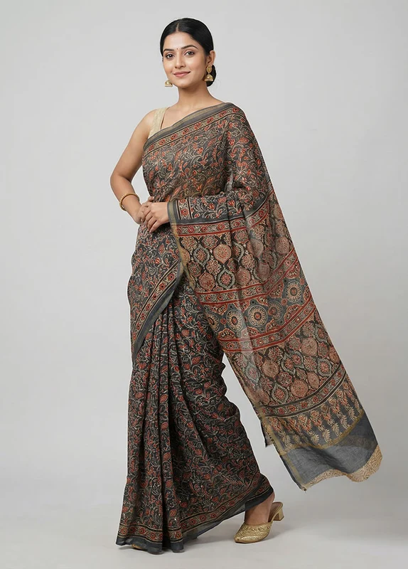 Grey Chanderi Silk Saree With Blouse Piece One Size