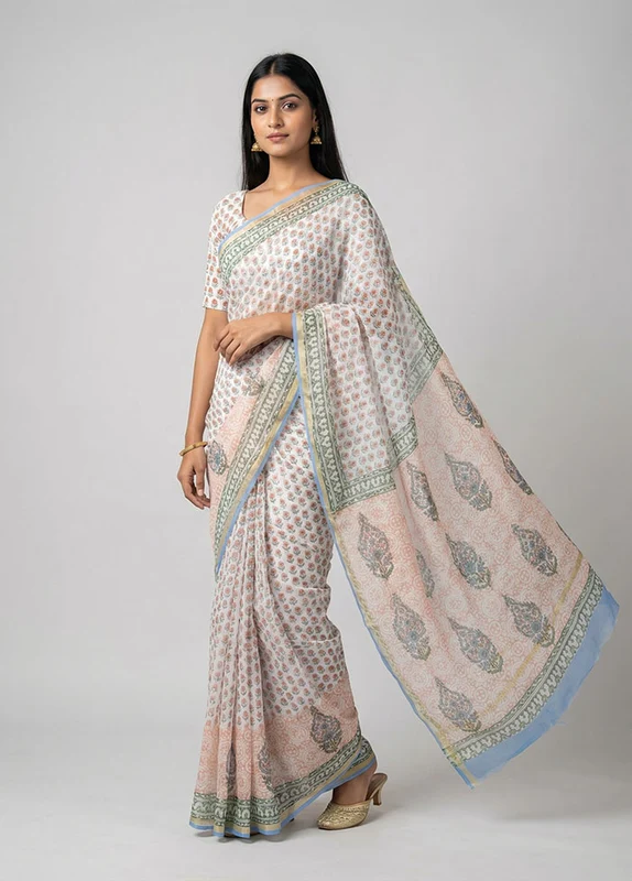 White Chanderi Silk Saree With Blouse Piece One Size