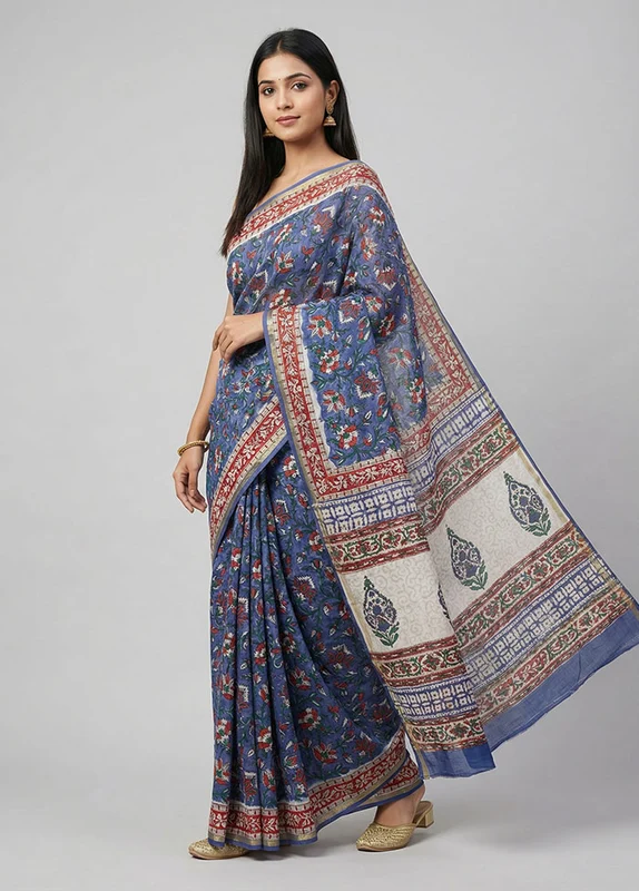 Blue Chanderi Silk Saree With Blouse Piece One Size