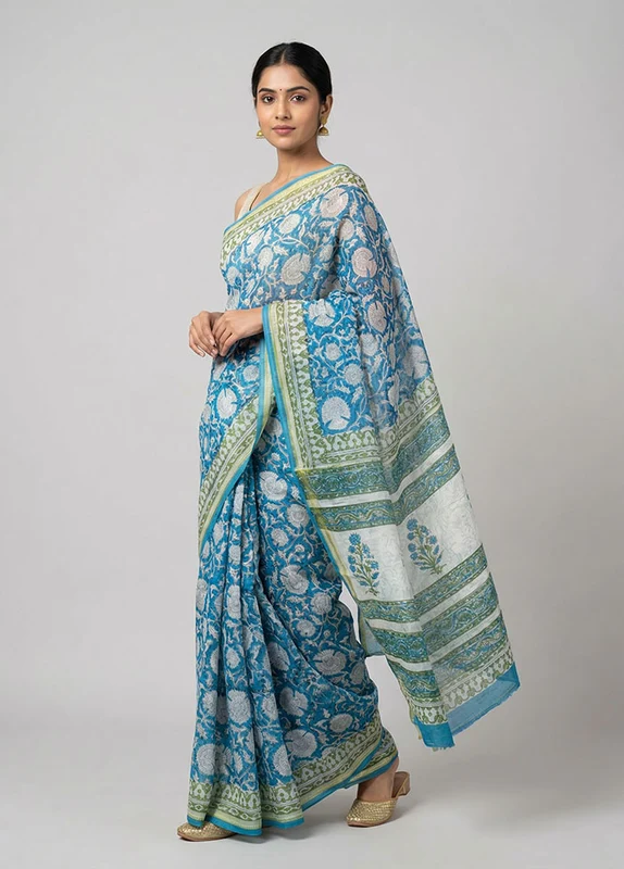 White Chanderi Silk Saree With Blouse Piece One Size