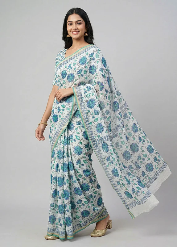 White Chanderi Silk Saree With Blouse Piece One Size