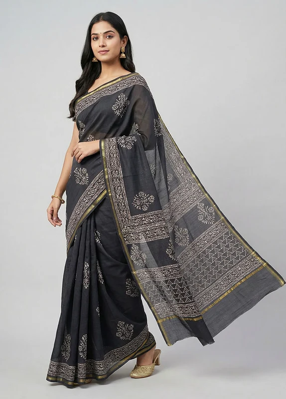 Blue Chanderi Silk Saree With Blouse Piece One Size