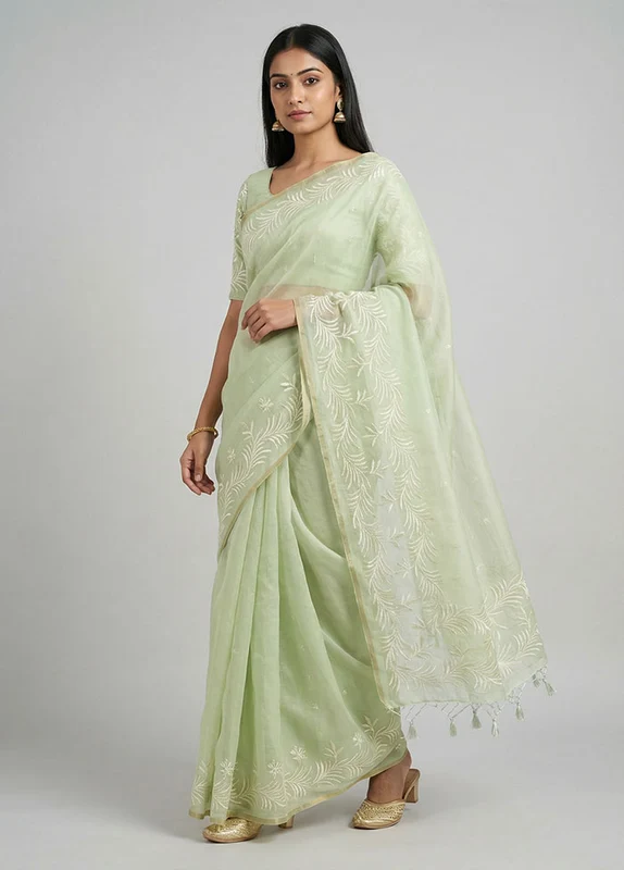 Green Organza Saree With Blouse Piece One Size