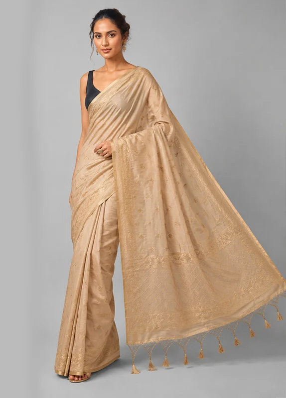 Cream Organza Saree With Blouse Piece One Size