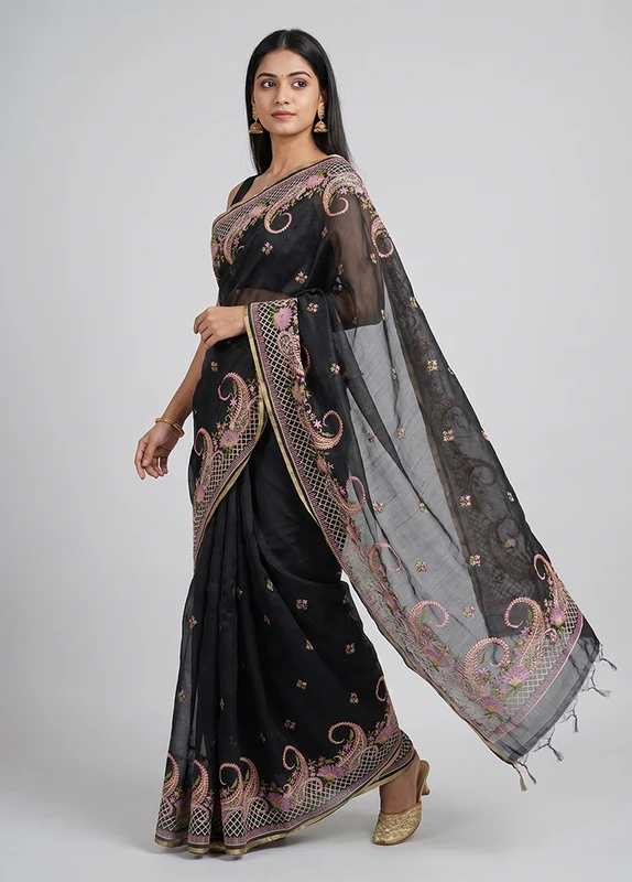 Black Organza Saree With Blouse Piece One Size