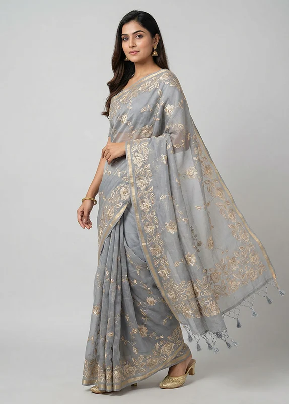 Grey Organza Saree With Blouse Piece One Size