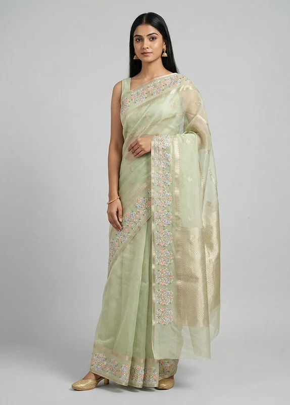 Green Organza Saree With Blouse Piece One Size