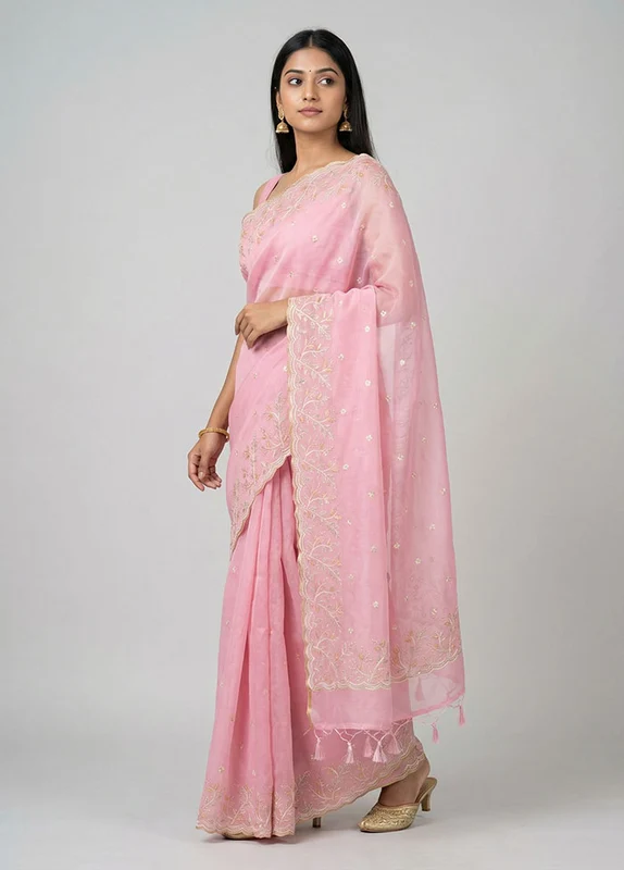 Pink Organza Saree With Blouse Piece One Size