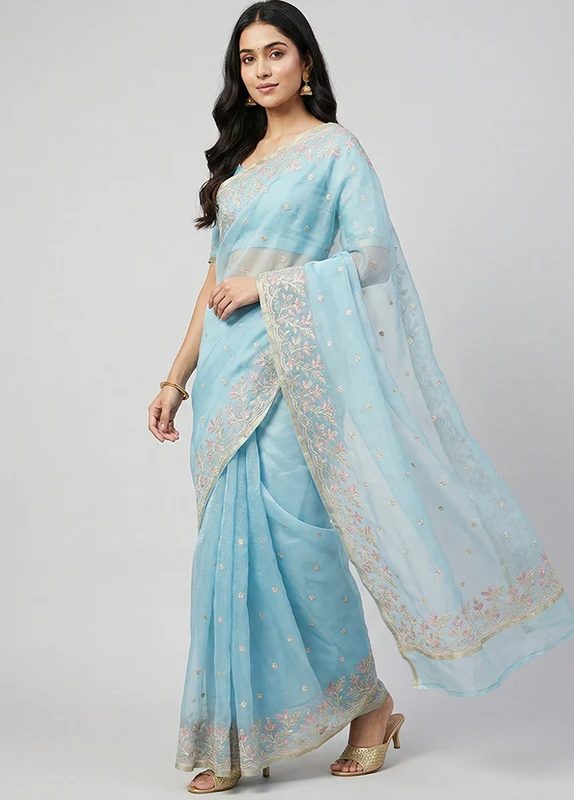 Blue Organza Saree With Blouse Piece One Size