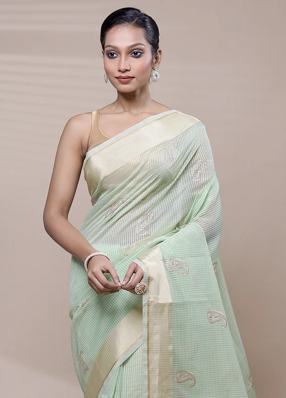 Green Organza Saree With Blouse Piece Onesize