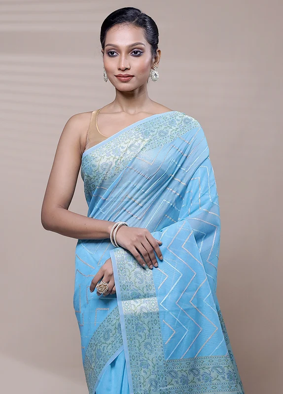 Blue Organza Saree With Blouse Piece Onesize