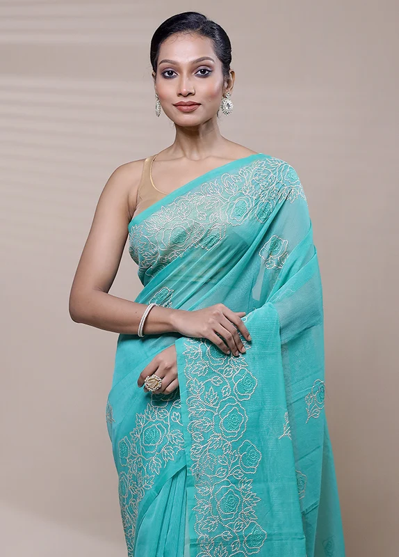 Blue Organza Saree With Blouse Piece Onesize