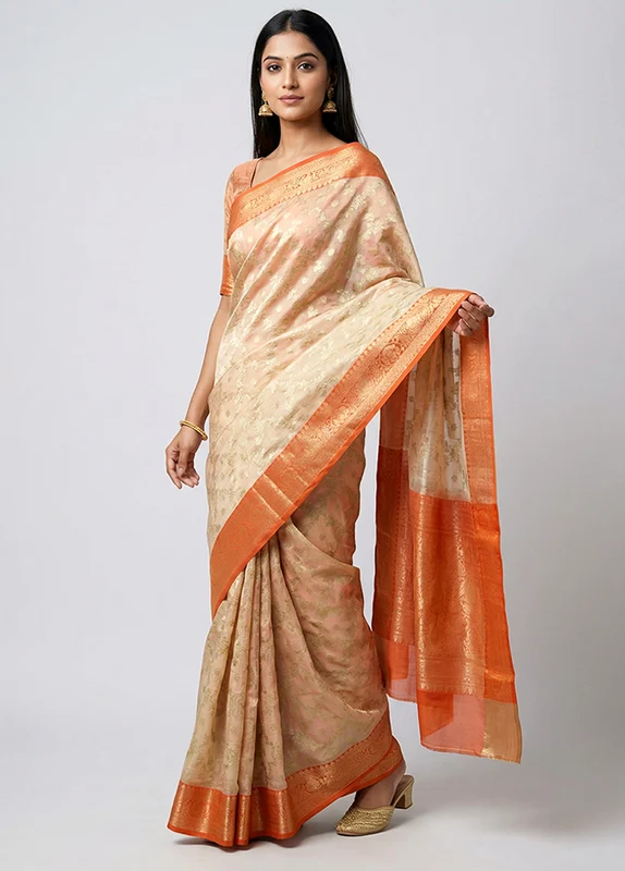 Cream Organza Saree With Blouse Piece One Size