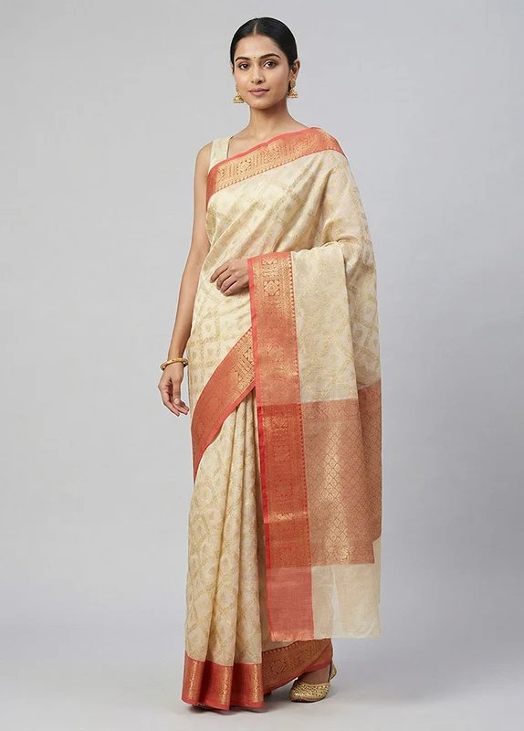 Cream Organza Saree With Blouse Piece One Size
