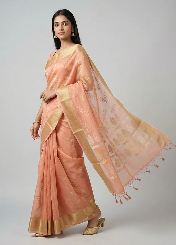 Pink Organza Saree With Blouse Piece One Size