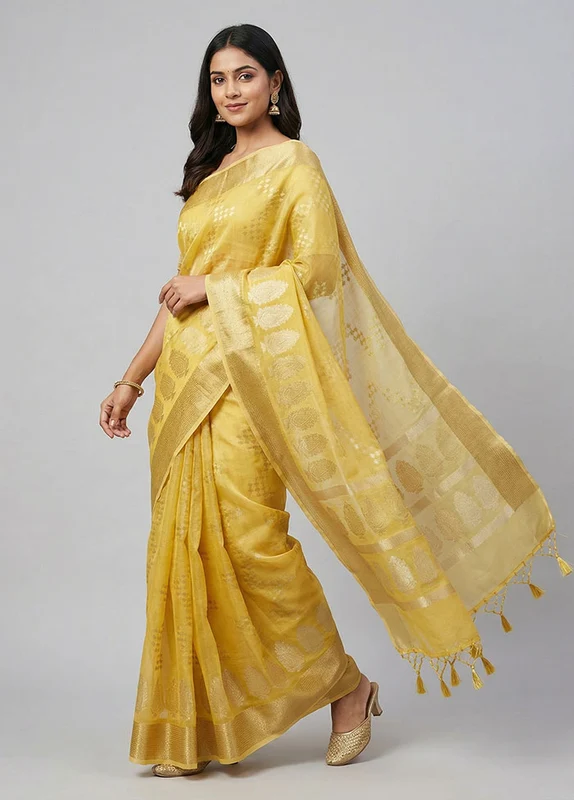 Yellow Organza Saree With Blouse Piece One Size