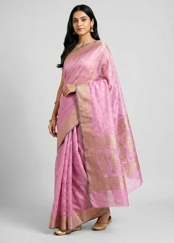 Pink Dupion Silk Saree With Blouse Piece One Size