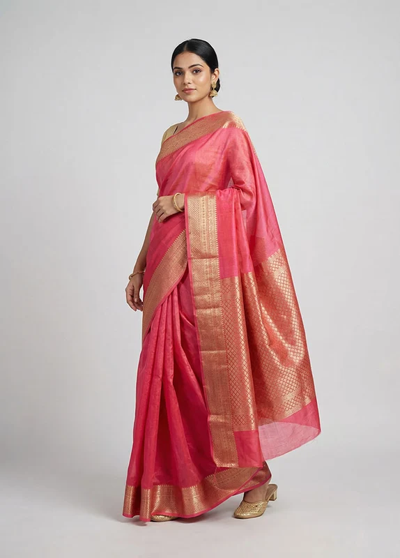 Pink Dupion Silk Saree With Blouse Piece One Size