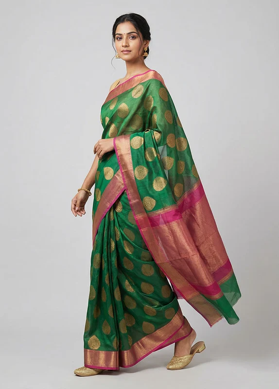 Green Kora Silk Saree With Blouse Piece One Size