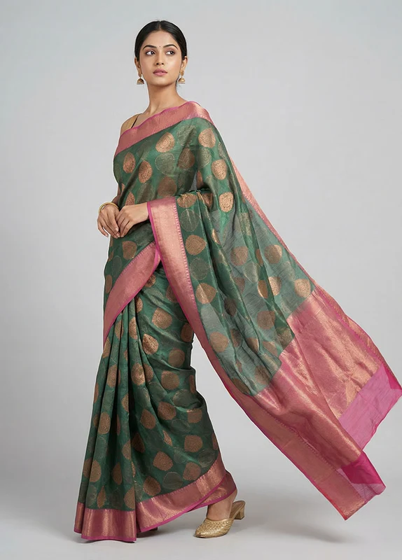 Green Kora Silk Saree With Blouse Piece One Size