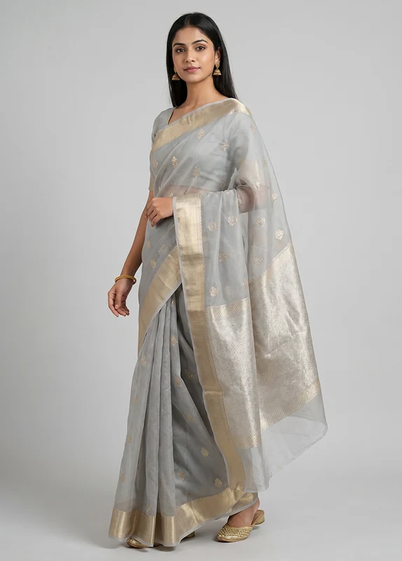 Grey Organza Saree With Blouse Piece One Size