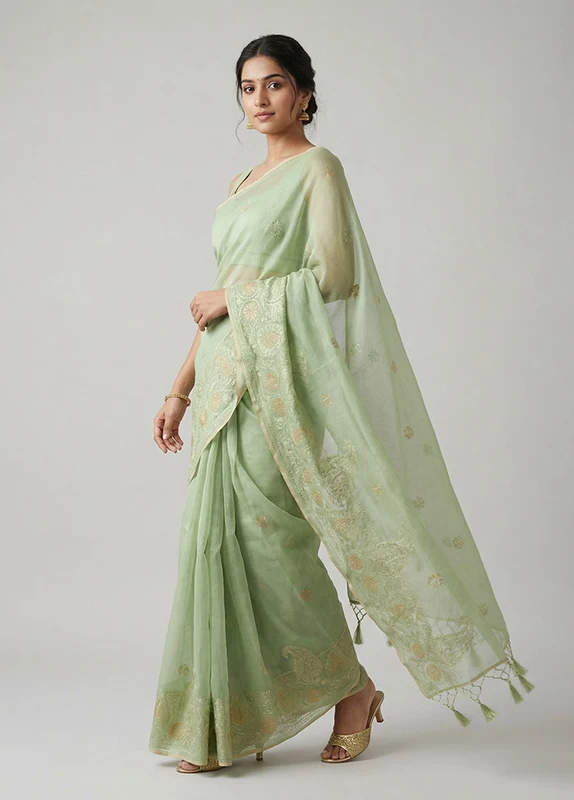 Green Cotton Saree With Blouse Piece One Size