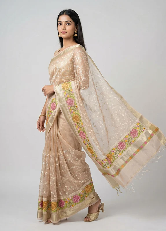 Pink Tissue Silk Saree With Blouse Piece One Size