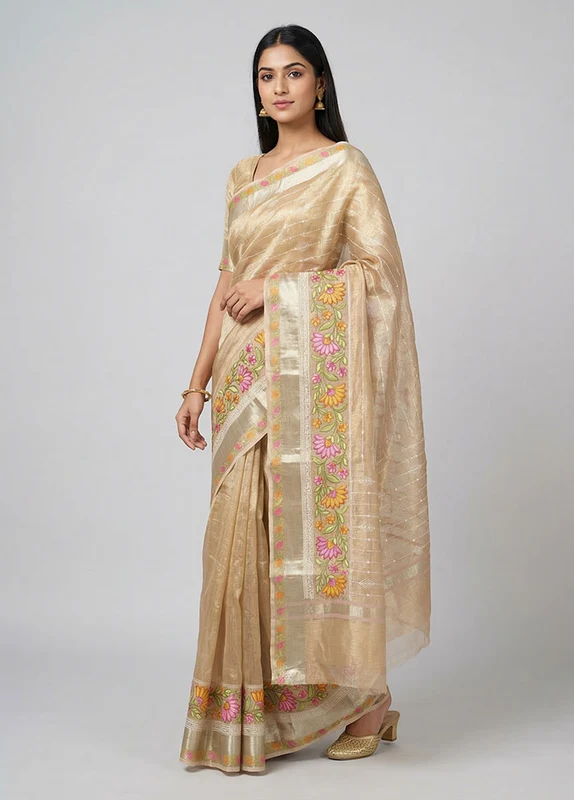 Pink Tissue Silk Saree With Blouse Piece One Size