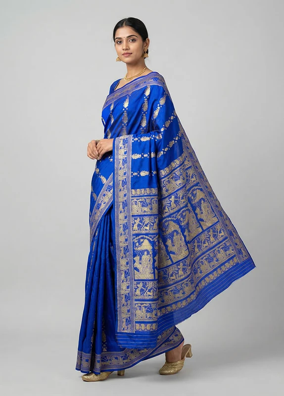 Blue Handloom Baluchari Pure Silk Saree With Blouse Piece One Size
