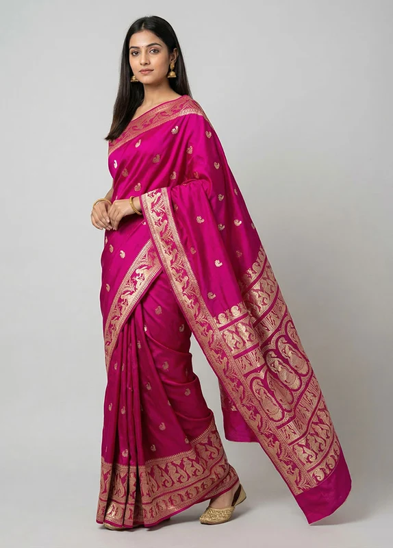 Pink Handloom Baluchari Pure Silk Saree With Blouse Piece One Size