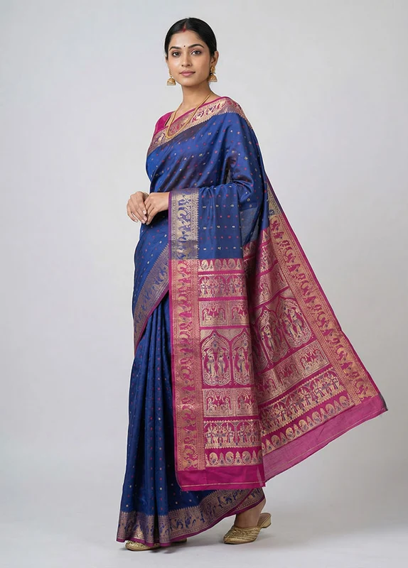 Black Handloom Baluchari Pure Silk Saree With Blouse Piece One Size