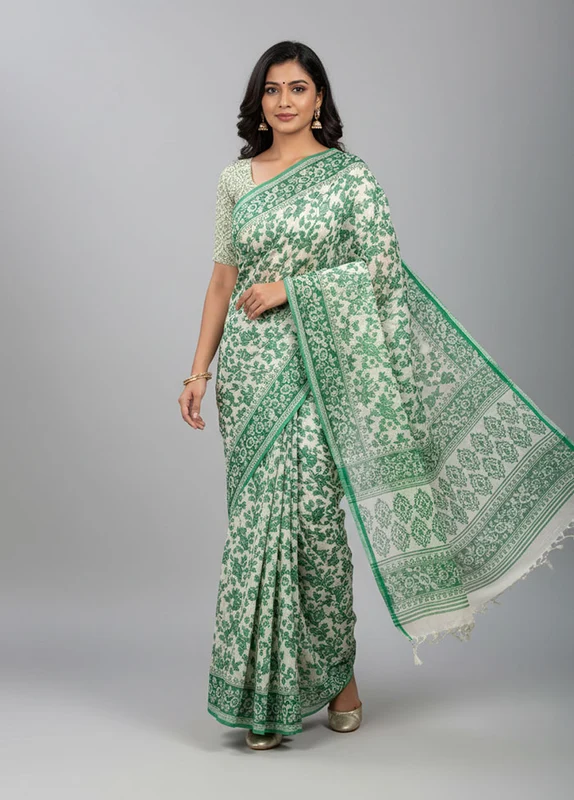 White Cotton Saree With Blouse Piece One Size