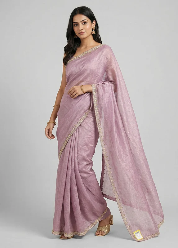Purple Tissue Silk Saree With Blouse Piece One Size