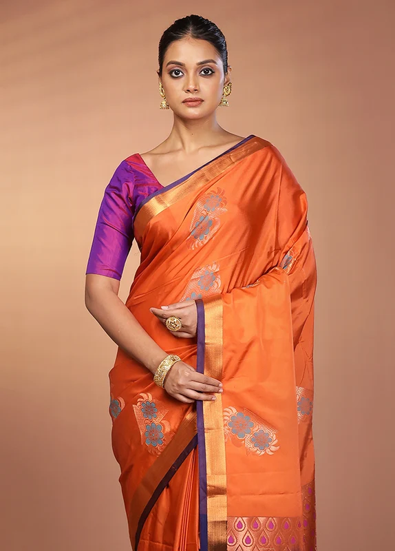 Rust Dupion Silk Saree With Blouse Piece One Size