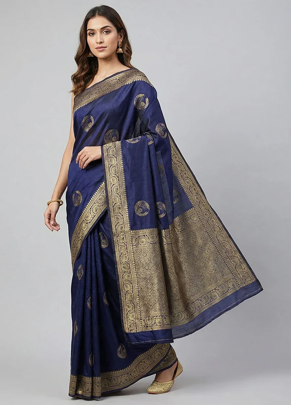 Blue Dupion Silk Saree With Blouse Piece One Size