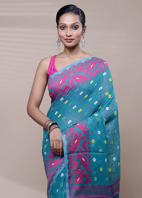 Blue Tant Jamdani Saree Without Blouse Piece Onesize