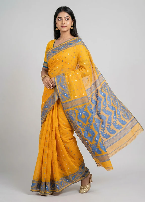 Yellow Jamdani Cotton Saree Without Blouse Piece One Size